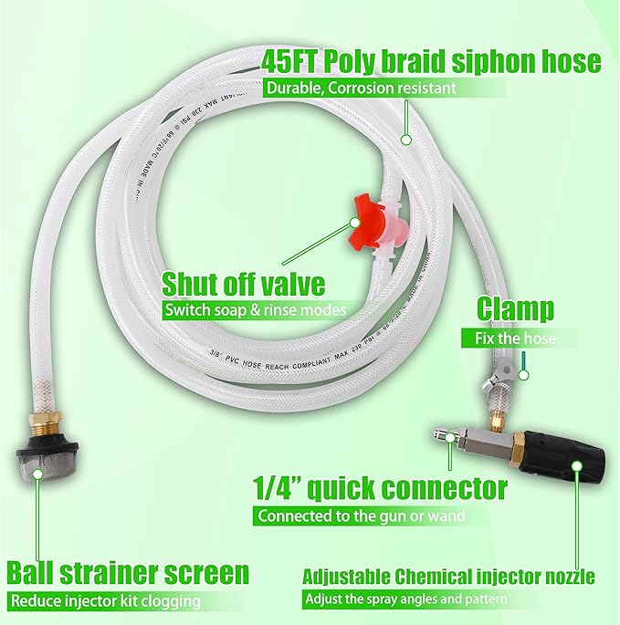 JOEJET Downstream Injector for Pressure Washer Adjustable Chemical Injector Kit Variable Power Washer Long Range Nozzle External Injection 45 FT Siphon Hose 4-4.5 GPM