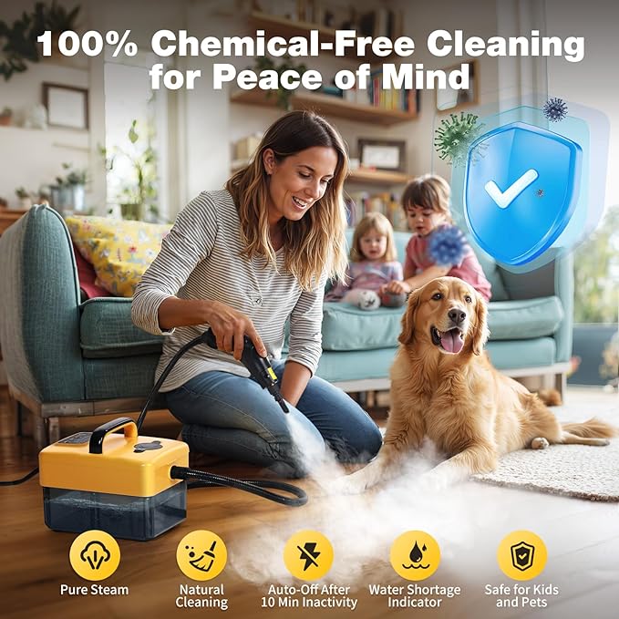 Handheld Steam Cleaner for Home 6-Level Adjustable 15s Heat-Up One Touch Flush Mode 3.5 Bar High Pressure Auto Shut-Off 1500W Portable Steamer for Carpets Floor Car Furniture Couch Tile