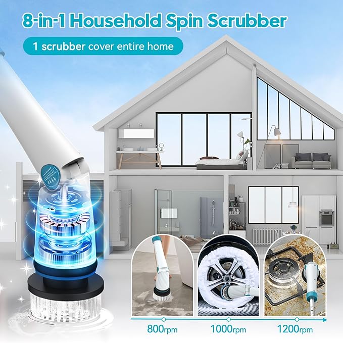 Battery Electric Scrubber for Cleaning Bathroom1200RPM 21V Spin Scrubber Electric Spin Brush for Cleaning 50'' Cordless Power Shower Scrubber W/ 8 Brushes for Grout Tile Tub Floor