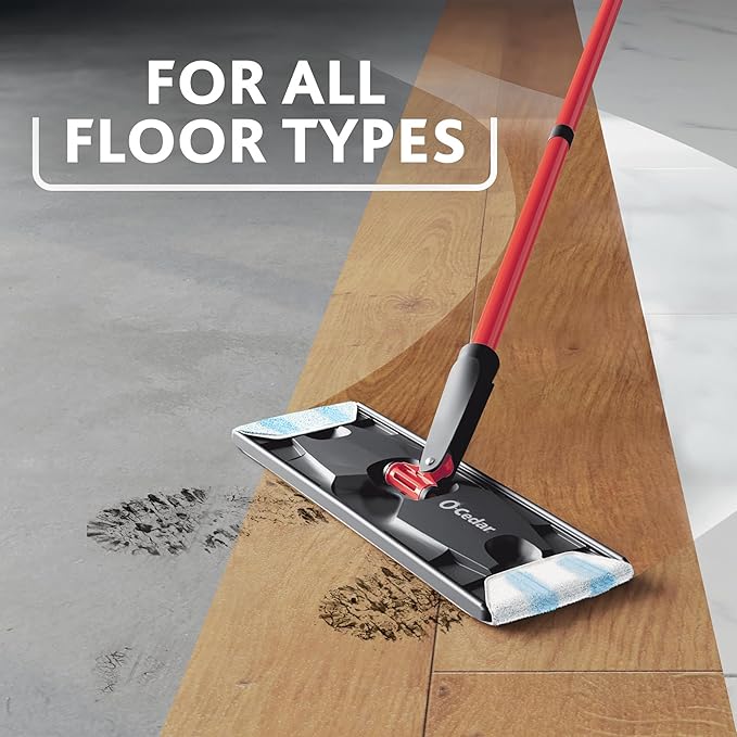 O-Cedar H2prO Flat Mop System | Quick Cleaning Tool | Clean with Water | Machine Washable Reusable Microfiber Mop Pad | Safe on Wood Floors Vinyl Tile Baseboards Walls
