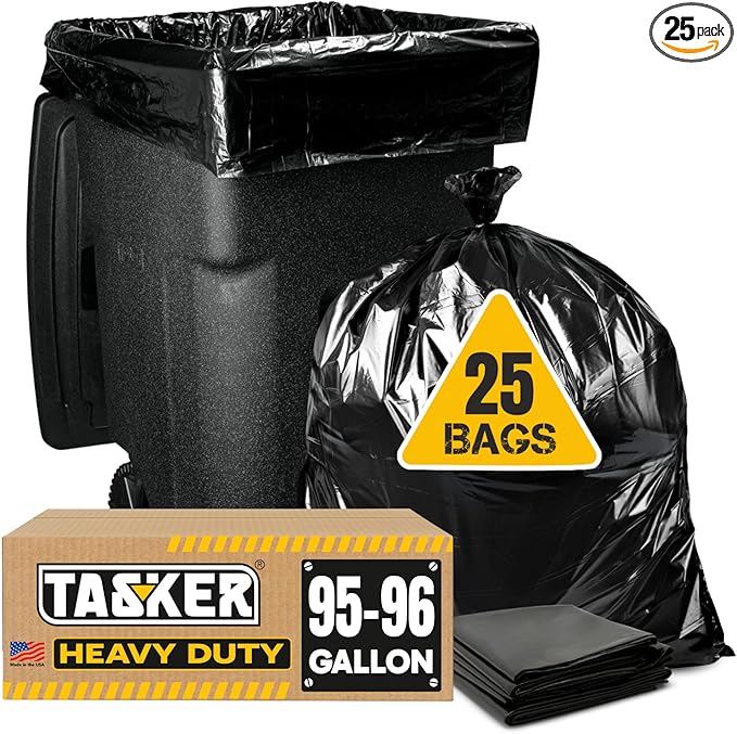 Tasker 95 Gallon Contractor Garbage Bags - 2 Mil Extra Heavy Duty Trash Bags - 96-100 Gallon Trash Can Liners Industrial Trash Bags with Ties - 25 Count