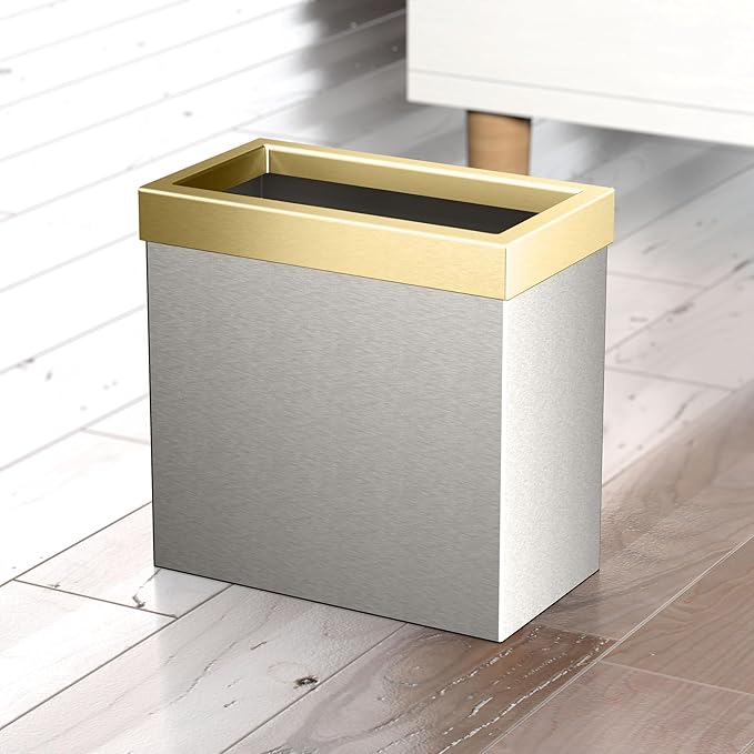 Gatco Small Bathroom Trash Can with Lid Rectangle 3 Gallon Stainless Steel Wastebasket Under Sink Satin Nickel and Brushed Brass for Bathroom Bedroom Office (1917B)