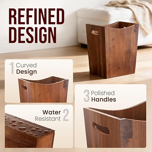 Wood Waste Basket 2 Gallon Rectangular Trash Can with Handles Water-Resistant Lacquer Finish Compact for Bathroom Bedroom Office