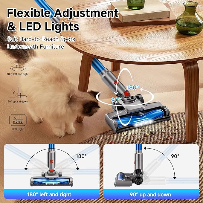 Cordless Vacuum Cleaner Powerful Stick Vacuum Cleaner for Home with Rechargeable Battery 6-in-1 Lightweight Handheld Vacuum 45 Mins Runtime for Hardfloor &amp Carpets Pet Hair (Blue)