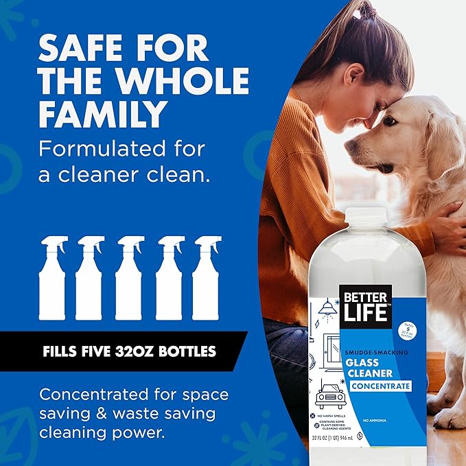 BETTER LIFE Glass Cleaner Concentrate - Streak-Free Window Cleaner for Home Kitchen Bathroom Shower Car - Works on Glass Windows Mirrors Light Fixtures - 32oz Unscented