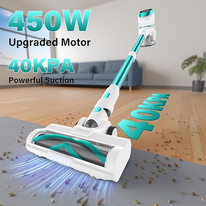 Tikom V500 Cordless Vacuum Cleaner for Home 40000Pa/450W Stick Vacuum with LED Touch Screen Charging Wall Dock Anti-Tangle Lightweight Handheld Vacuum for Pet Hair Hard Floor Carpet Blue