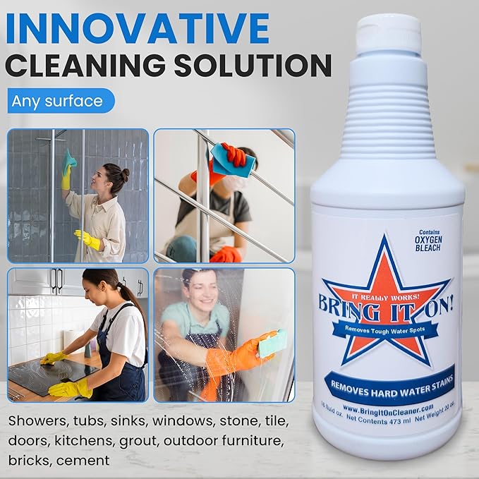 Bring It On Cleaner Hard Water Stain Remover Shower Door Cleaner Clean Tile and Grout Windows Fiberglass Tubs Chrome32 Ounce. - 2 Pack