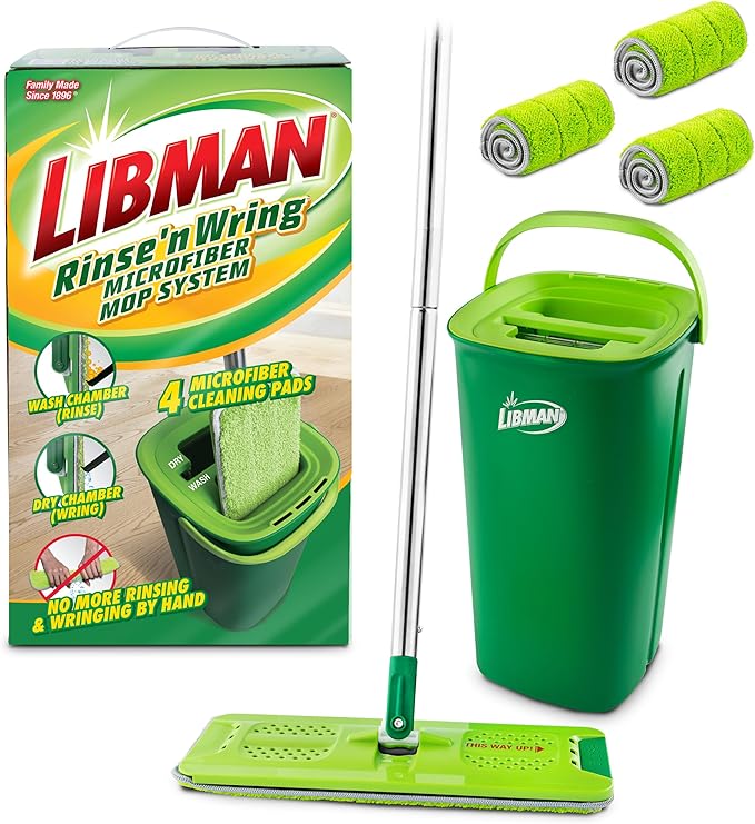 Libman Rinse 'n Wring Mop and Bucket System | Microfiber Floor Mop | Hardwood Floor Cleaner | Wet &amp Dry Mop | Clean &amp Dirty Water Chambers | Power Blades | 4 Total Microfiber Pads