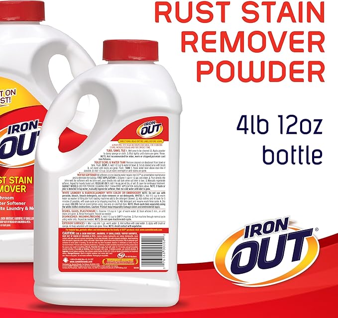 Iron OUT Powder Rust Stain Remover Remove and Prevent Rust Stains in Bathrooms Kitchens Appliances Laundry and Outdoors 4 Pound 12 Ounce Pack of 6