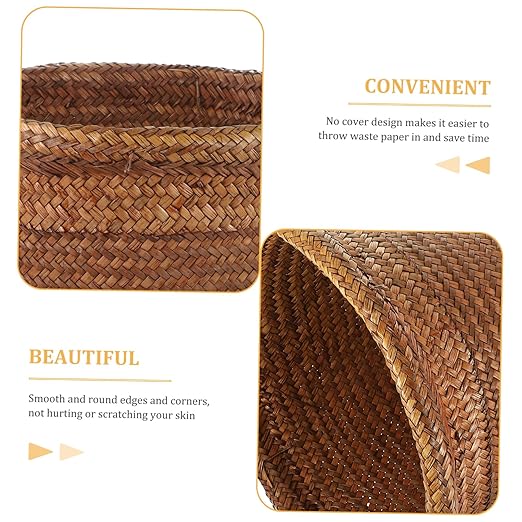 PRETYZOOM Straw Woven Garbage Can Large Wastebasket Rattan Rubbish Container for Kitchen Bedroom Office Bathroom Dormitory Storage Bin