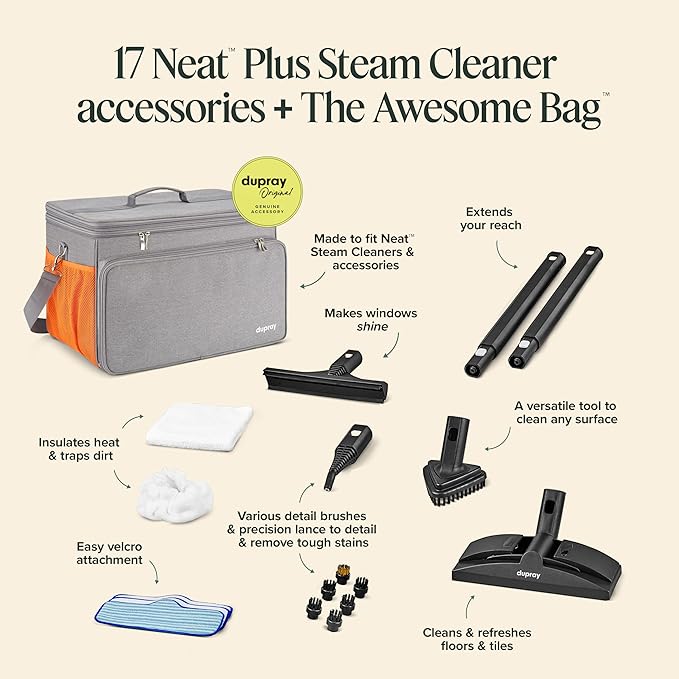 Dupray Neat Plus Steam Cleaner and Awesome Bag 18 Accessories Fast Heat-Up Chemical-Free Cleaning Multipurpose Steamer *Kills 99.9% of Bacteria &amp Viruses