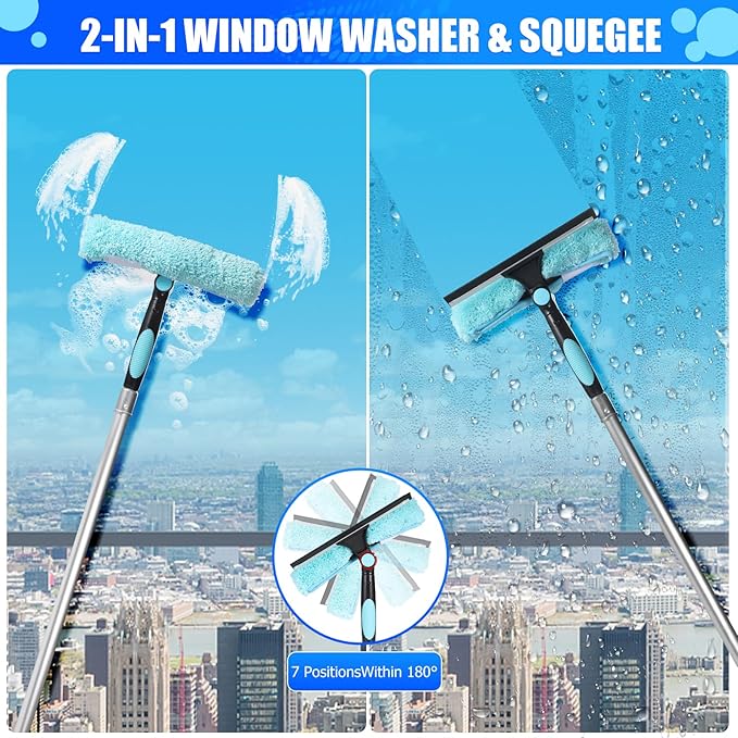 20 Foot High Reach Ceiling Duster Kit 3.6-12ft Extendable Pole with Cobweb DusterCeiling Fan DusterWindow Squeegee and Scrubber Microfiber Feather for Easy Cleaning Indoor &amp Outdoor