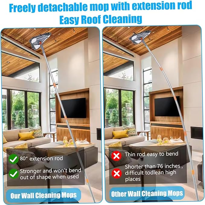 Wall Mop 79 Inch Baseboard Cleaning Tool with 6 Reusable Square Pads &amp 5 Poles Removable &amp Hangable Wall Cleaning Mop for Ceiling Floor Window Home...
