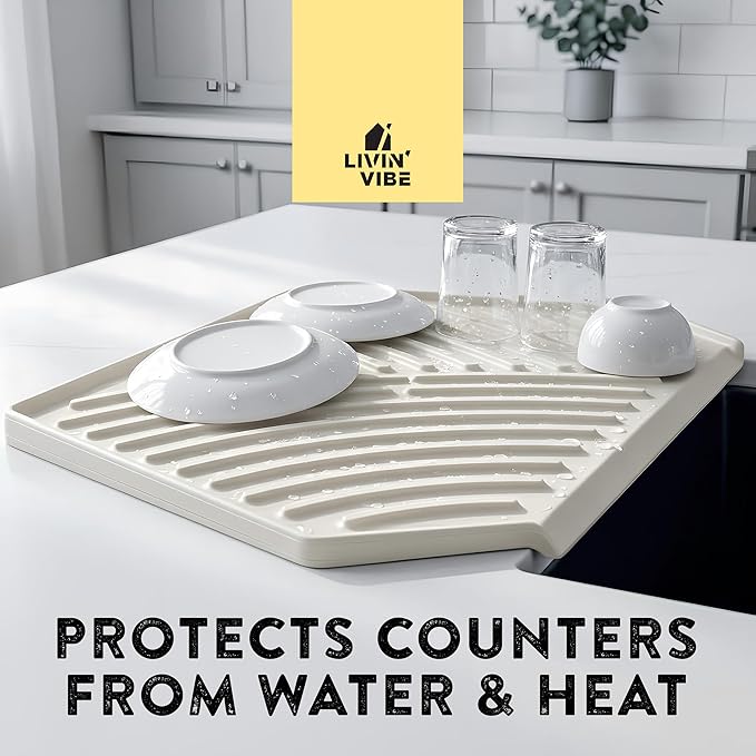 Silicone Dish Drying Mat with Drain Self-Draining Heat Resistant &amp Non-Slip Kitchen Counter Mat Easy to Clean Reusable 19.3'' x 13'' Greige