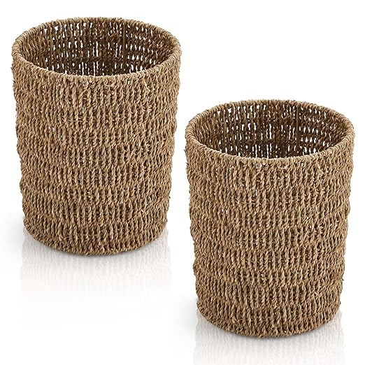 Havawish 2 Pcs Seagrass Wicker Waste Basket Handwoven Woven Trash Can 1.8 Gallons Boho Wicker Wastebasket Round Natural Wastebasket Garbage Bin for Bedroom Offices Home Decoration Natural Color