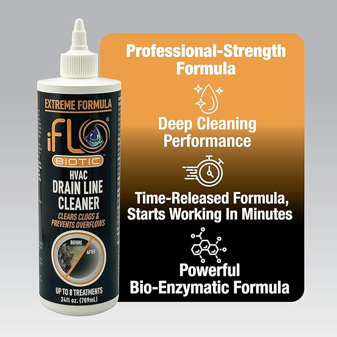 iFLO® Extreme A/C Drain Line Cleaner – Fast-Acting Long-Lasting HVAC System Solution for Tough Clogs &amp Buildup – Professional Liquid Drain Cleaner and Clog Remover 24oz Bottle 1 Pack