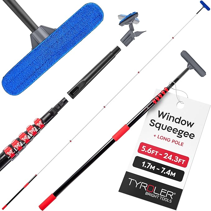 Tyroler Professional Window Squeegee with Extension Pole | 5.6-24.3ft Squeegee for Windows Cleaning | Outdoor Window Cleaner Tool Windows Washing Kit with Extension Pole | Window Cleaning Kit