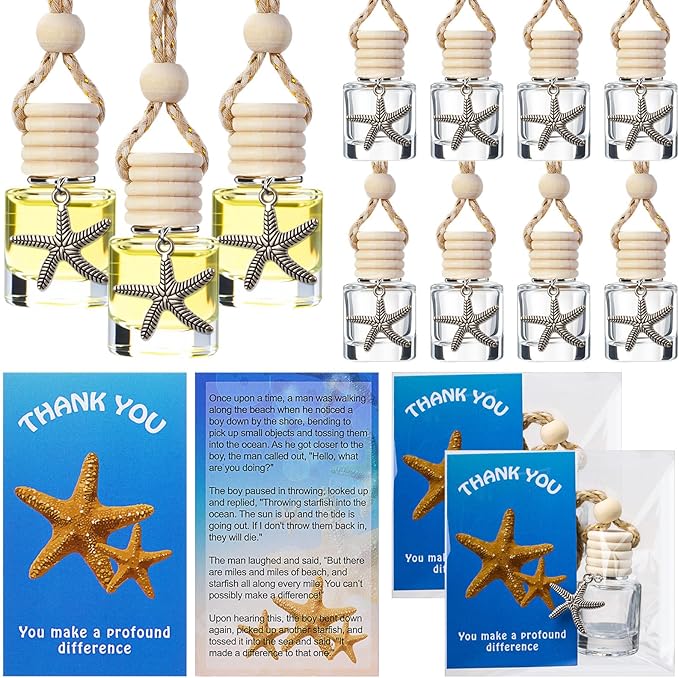 Qinyoung 30 Pack Car Diffuser Bottles Appreciation Gifts for Staff Air Freshener Hanging Empty Bulk Essential Oil Perfume Diffuser Pendant Bottle with Starfish Story Charms Gift for Valentines Day