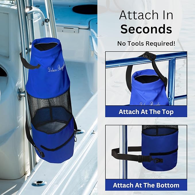 Boat Trash Bag - Heavy-Duty 600D Mesh Oxford Fabric with Bottom Zipper and Top Rubber Closure - Leakproof and Washable for Boats Kayaks Campers RVs and More