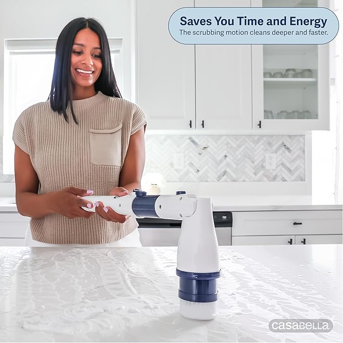 Casabella Power Spin Scrubber Extendable to 47.5” – Cordless Electric Cleaner for Shower Kitchen Bathroom Tile Tub Car Deck - Rechargeable Spin Brush with Adjustable Brush Head &amp 4 Attachme