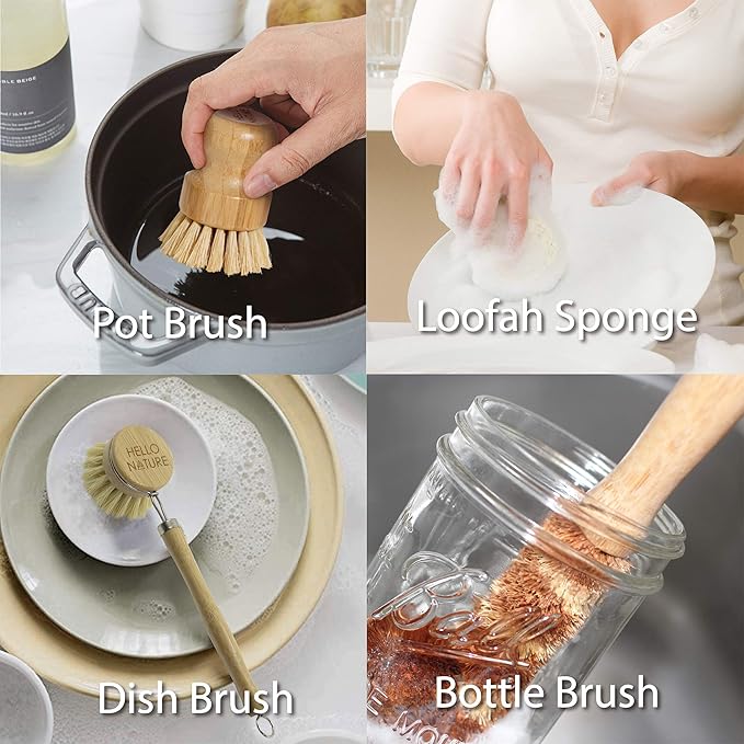 Plant-Based 6pcs Kitchen Brush Set by HELLO NATURE Sustainable &amp Biodegradable Natural Fibre Bamboo Dish BrushBottle BrushPot Brush &amp 3 Natural Loofah Sponges Zero-WastePlastic Free Kitch
