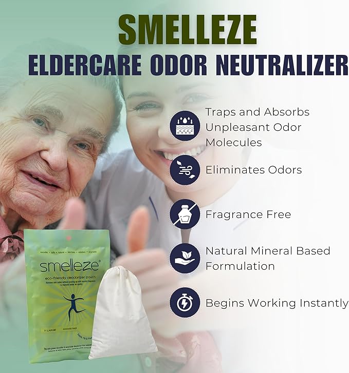 Smelleze Reusable Elderly Odor Eliminator &amp Nursing Home Room Deodorizer Pouch - Works for all Old Age Sick Nursing Home Hospices Urine and Feces Smell 150 Sq. Ft. Coverage