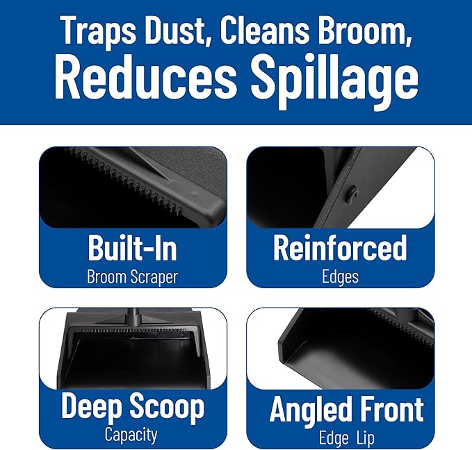 SPARTA Plastic Dust Pan Upright Pan With 2 Piece Handle For Cleaning 11 X 12 X 3.5 Inches Black
