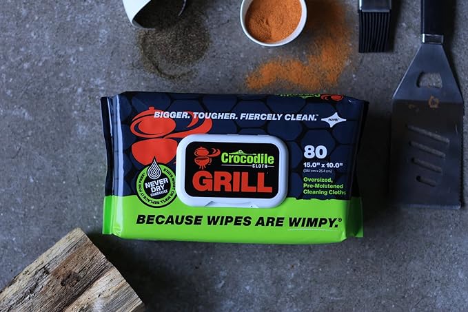 Crocodile Cloth Grill Wipes 640 Count (8 Packs) – Extra-Large 15” x 10” Plant-Based Cleaning Cloths Safe on Skin &amp Surfaces Pre-Moistened with Aloe &amp Vitamin E