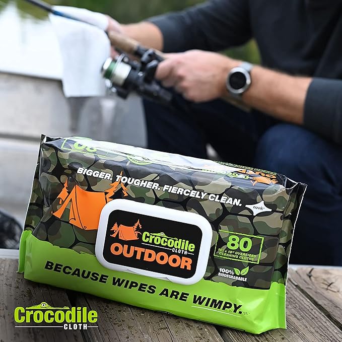 Crocodile Cloth Outdoor Cleaning Wipes – 80 Count Plant-Based Cloths (15x10) Skin Safe Pre-Moistened Aloe &amp Vitamin E Infused Large Absorbent Multi-Surface Disposable Wipes