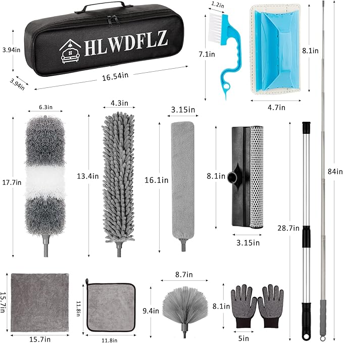 Microfiber Duster Kit 23pcs with 30 to 100 Inches Extension Pole and Extendable Window Squeegee Washable and Bendable Feather Duster for Cleaning Ceiling Fans High Ceilings Cobwebs Blinds