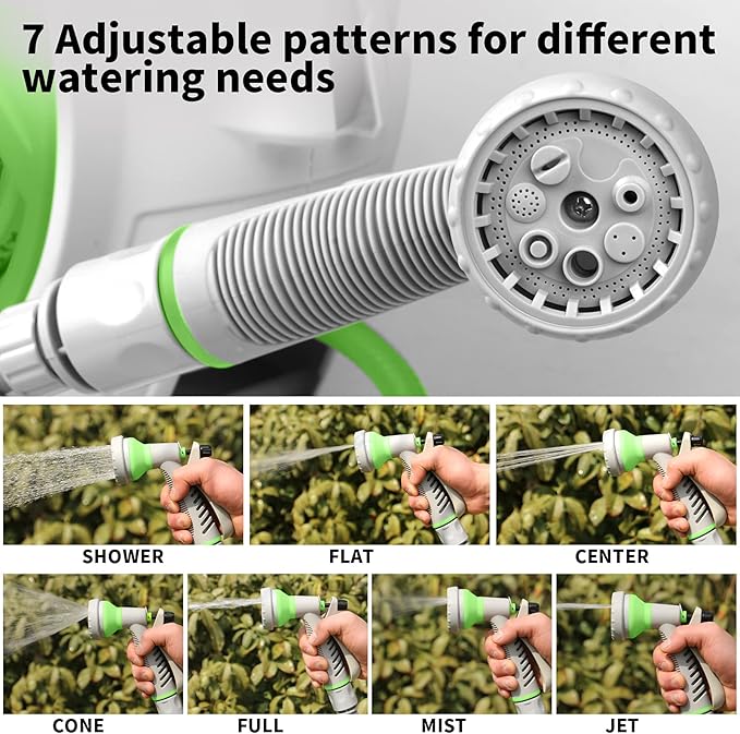 Garden Retractable Hose Reel Portable Simple Home Hose Reel 45+5 FT with 7 Patterns Spray Nozzle Wall Mounted and Any Length Lock for Garden Watering Car Washing Pet (Green)