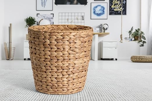2-Pack Woven Waste Basket for Bathroom Bedroom or Living Room | Wicker Wastebasket Style Handwoven Basket Made from Water Hyacinth | Modern Boho Storage Basket