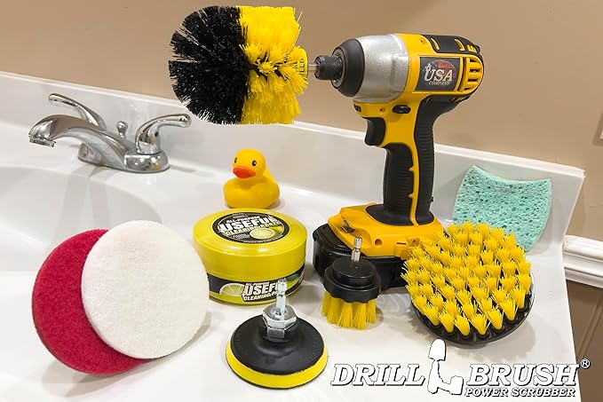 Drill Brush Attachment Multipurpose House Cleaning Supplies Set: Nylon Toilet Brush Kit Lemon Lime Scented Cleaning Paste Scrub Pads - Bathroom &amp Kitchen Tile Grout Cleaner - Household Essential
