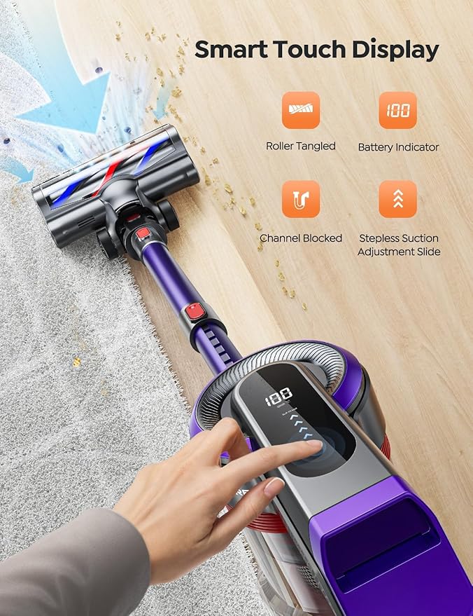BuTure VAC Cordless Vacuum Cleaner 450W 38Kpa Max 55 Mins Vacuum Cleaners for Home with Detachable Battery Stick Vacuums with Touch Display Handheld Vacuums for Hardwood Floor Carpet Pet Hair