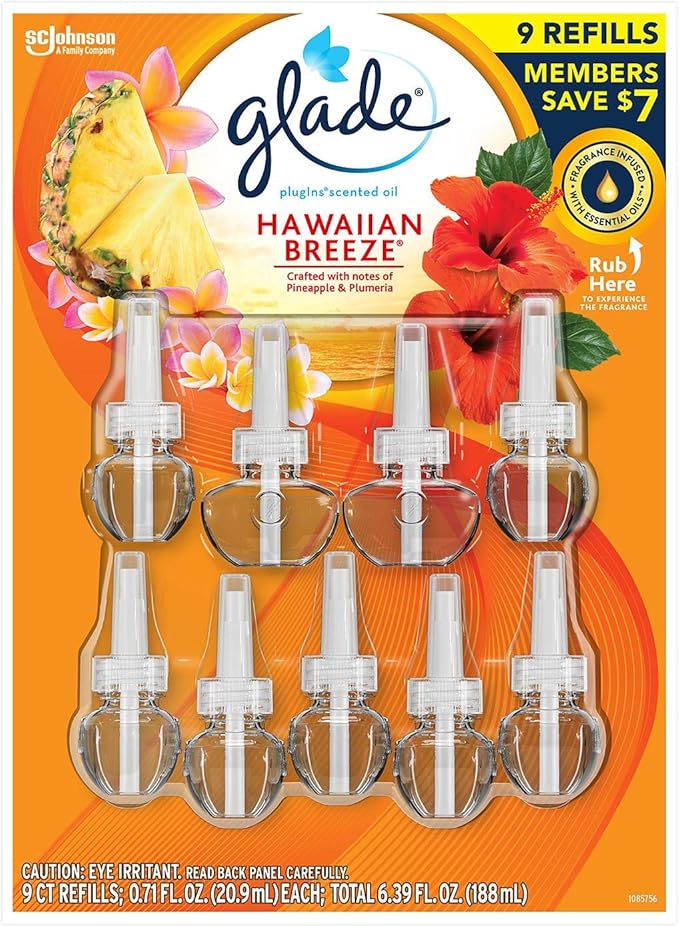 Glade PlugIns Scented Oil Refill Essential Oil Infused Wall Plug in 6.39 fl. oz 9 ct. (Hawaiian Breeze)