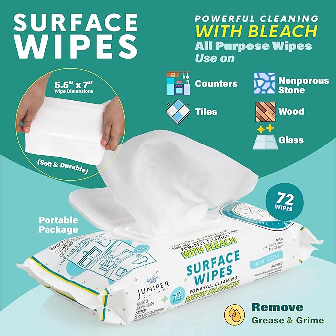 24 Pack Surface Cleaning Wipes with Bleach All-Purpose Cleaner for Bathroom Kitchen Office 1728 Count Soft Flow Fresh Scent Lint Free &amp Durable