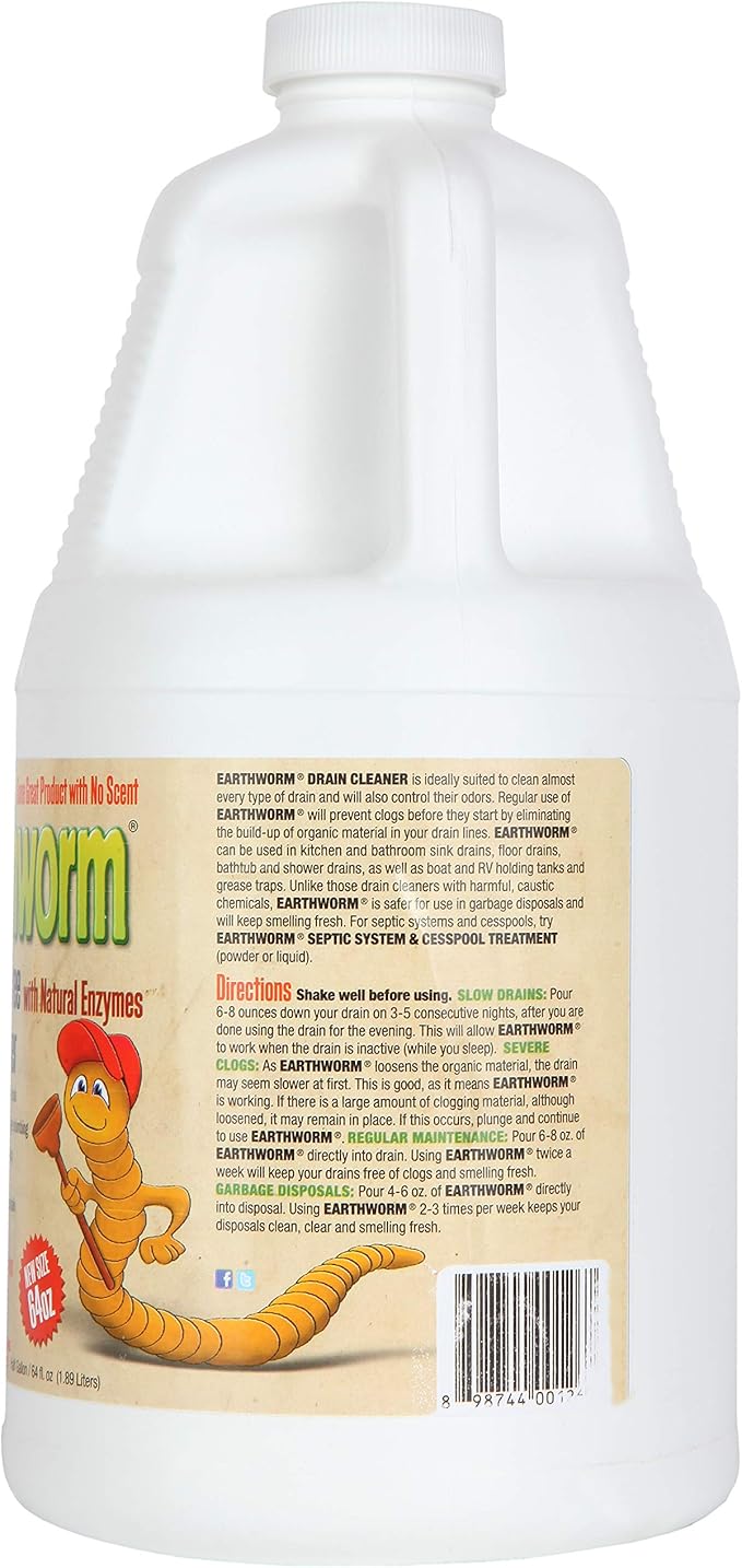 Earthworm Fragrance Free Drain Cleaner - Drain Opener - Natural Enzymes Environmentally Responsible Safer for Pets and Kids - 1 Half Gallon 64 oz