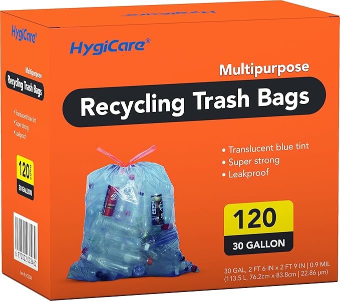 30 Gallon Recycling Trash Bags Unscented 120 Count Drawstring Garbage Bags Pre-Separated Ultra Strong Leakproof Sturdy Translucent Blue
