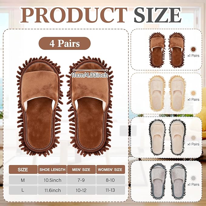 Jecery 4 Pair Washable Microfiber Mop Slippers Detachable Dusting Shoes for Floor Cleaning Office &amp Home Use Suitable for Women &amp Men(Blue Brown Beige WhiteL Size)