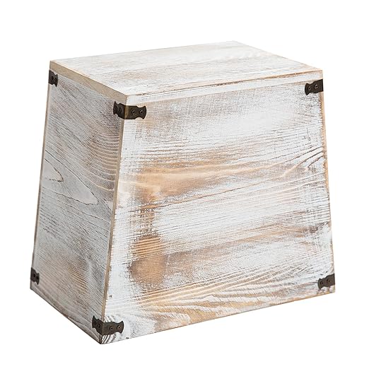 VERGOODR Grey Farmhouse Style Torched Wood Trash Can Waste Bin with Decorative Metal Brackets Trash Can for BedroomLiving Room Bathroom &amp Office (Washed White)