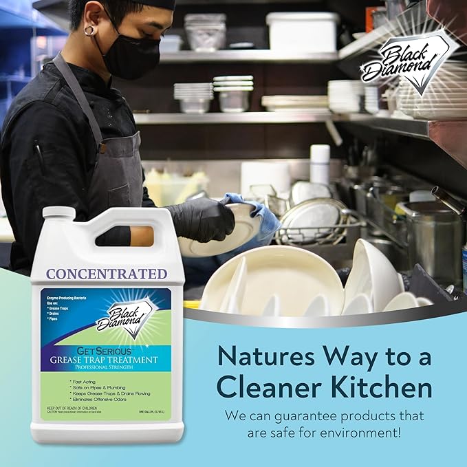Black Diamond Stoneworks GET SERIOUS Grease Trap Treatment. Commercial Enzyme Drain Opener Odor Control Enzyme for Grease Trap Cleaner and Maintenance. Eliminates Build-Up Odor and drain grease.