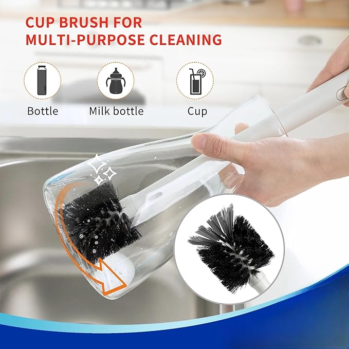 2-in-1 Water Bottle Brush with Straw Cleaner Bamboo Handle 14.2 Inch Long Reach for Tumblers and Baby Bottles 2.3 Inch Wide Head Gray Nylon Bristles