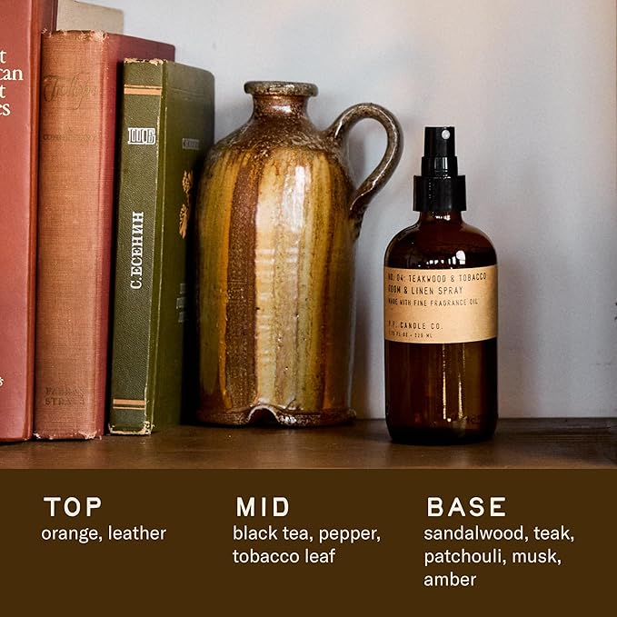 P.F. Candle Co. Teakwood &amp Tobacco Scented Room &amp Linen Spray (7.75 fl oz) Amber Glass Bottle Fine Fragrance Oil Quick Fabric and Air Refresher Made In The U.S.A.