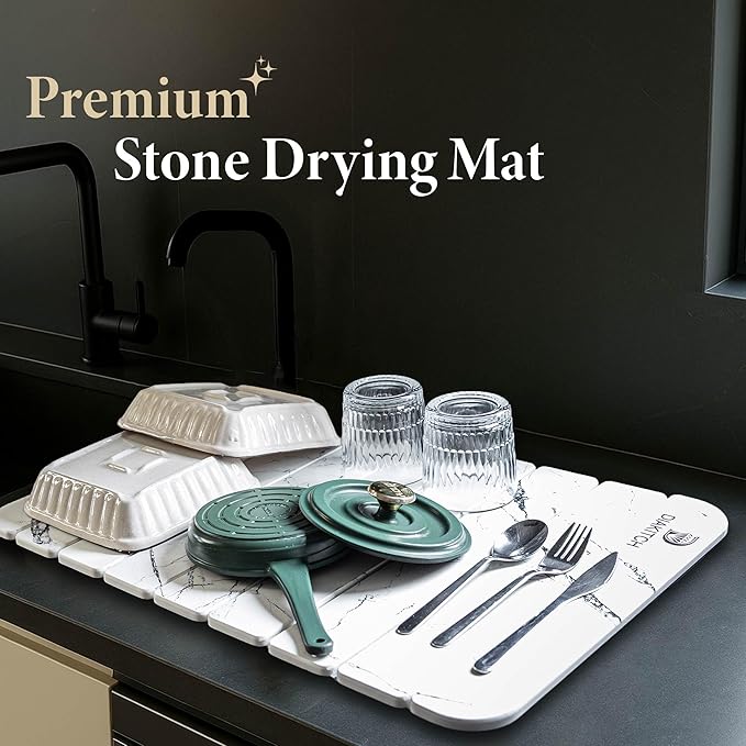 Stone Drying Mat for Kitchen Counter – Super Absorbent Stone Dish Drying Mat Foldable &amp Quick Dry Diatomaceous Earth Mat for Dish &amp Bottle Ideal for Kitchen - 23.6 x 15.4 White