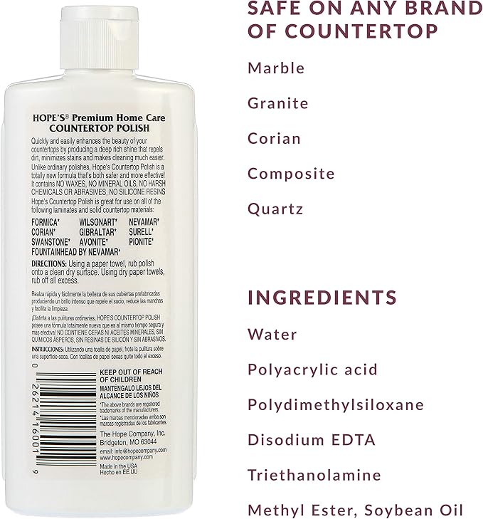 HOPE'S Countertop Restoration Polish Streak-Free Kitchen Counter Cleaner No Buildup on Countertops Quartz Marble Corian Composite and Granite Polish 8 Fl Oz Pack of 12