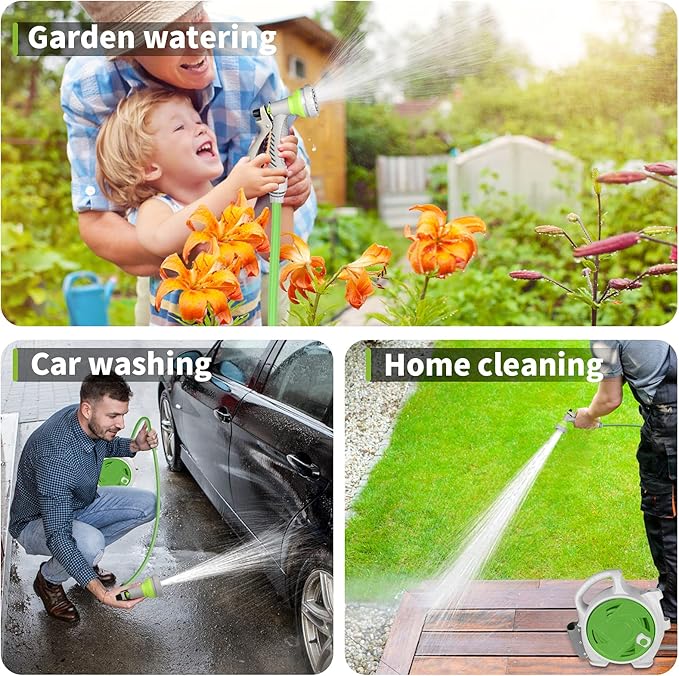 Garden Retractable Hose Reel Portable Simple Home Hose Reel 45+5 FT with 7 Patterns Spray Nozzle Wall Mounted and Any Length Lock for Garden Watering Car Washing Pet (Green)