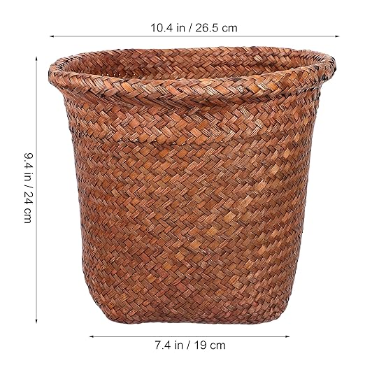 Cabilock Straw Woven Wastebasket 10.43 Inch Round Open Top Wicker Trash can Storage Bin for Bathroom Office Home Organization