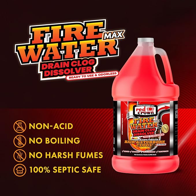 Fire Water Max Drain Clog Dissolver Hair Clog Liquid Cleaner &amp Remover for Any Sink Shower Tub Pipe Drains Septic Safe 5X Faster Action 1 Gallon