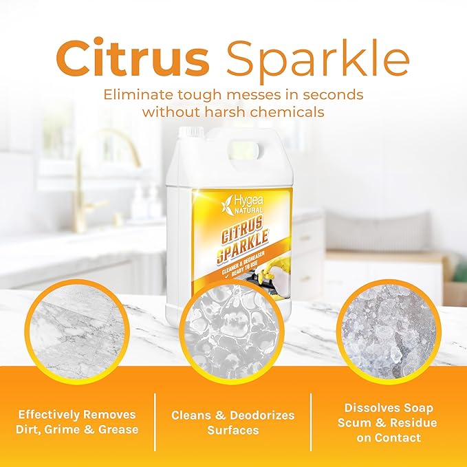 Hygea Natural Citrus Sparkle Chemical-Free Heavy Duty Degreaser &amp All Purpose Cleaner - Pure Citrus Extracts &amp Natural D-limonene - Removes Grease Dirt &amp Grime (128oz Gallon)
