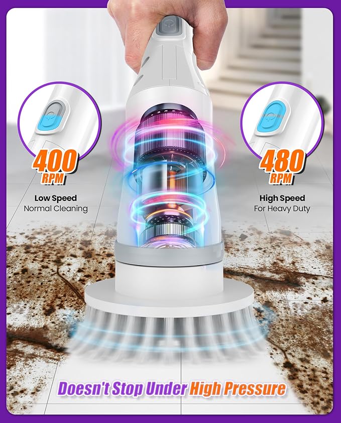 NBONEBS Electric Spin Scrubber Cordless Shower Scrubber Rotary Floor Brushes &amp Pad Drivers with 6 Brush Heads - 2H Dual Speed IPX7 Waterproof Extension Handle for Bathroom Tile Car Cleaning
